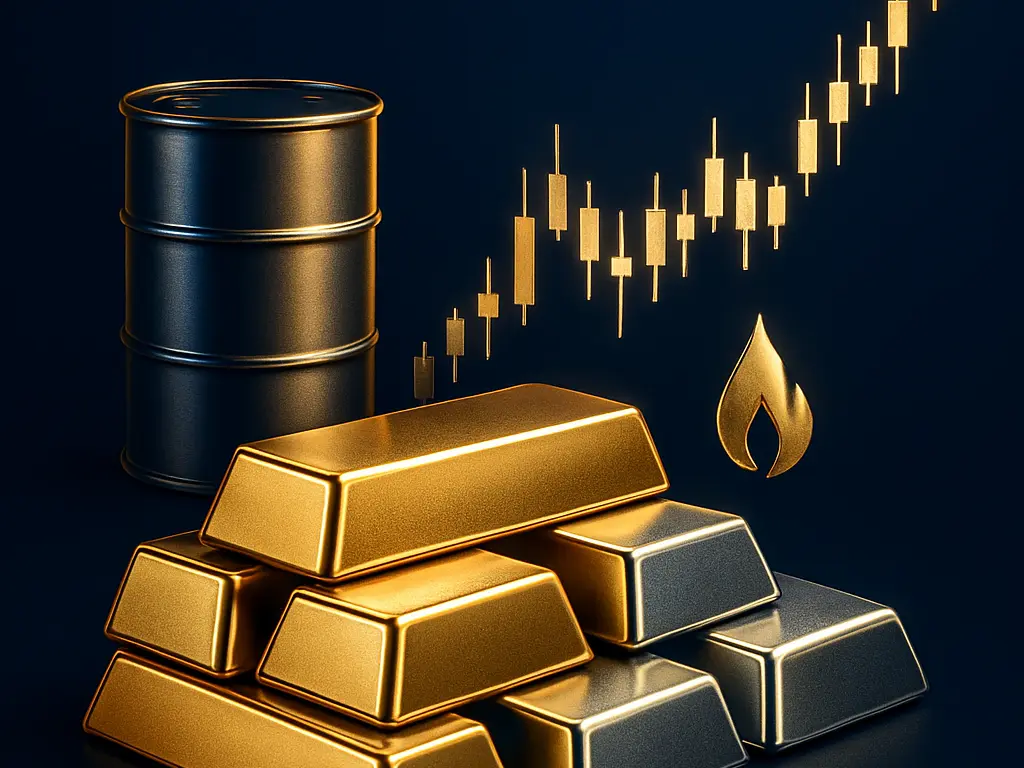 Gold and silver bullion bars with oil and natural gas commodities rendered in gold on a navy background
