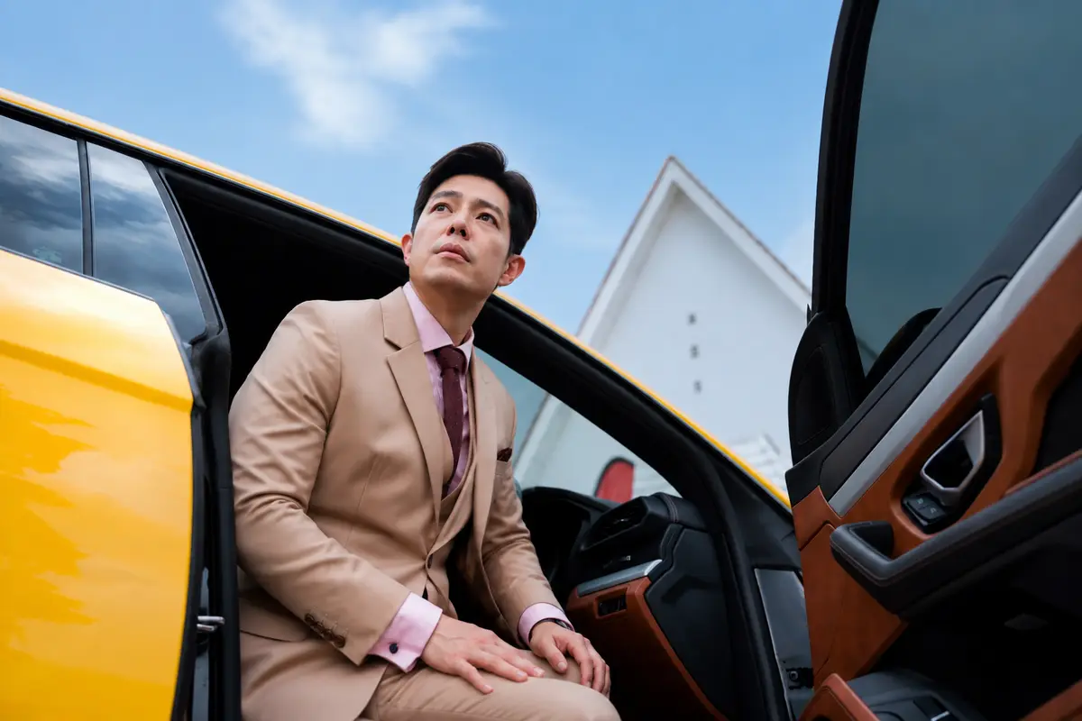 Zhang Yaodong, brand ambassador of AIMS, stepping out of a luxury car